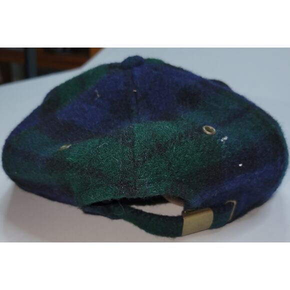 Lands' End Wool Blue Green Plaid Cap Tan Genuine Suede Bill Adjustable - Picture 3 of 7